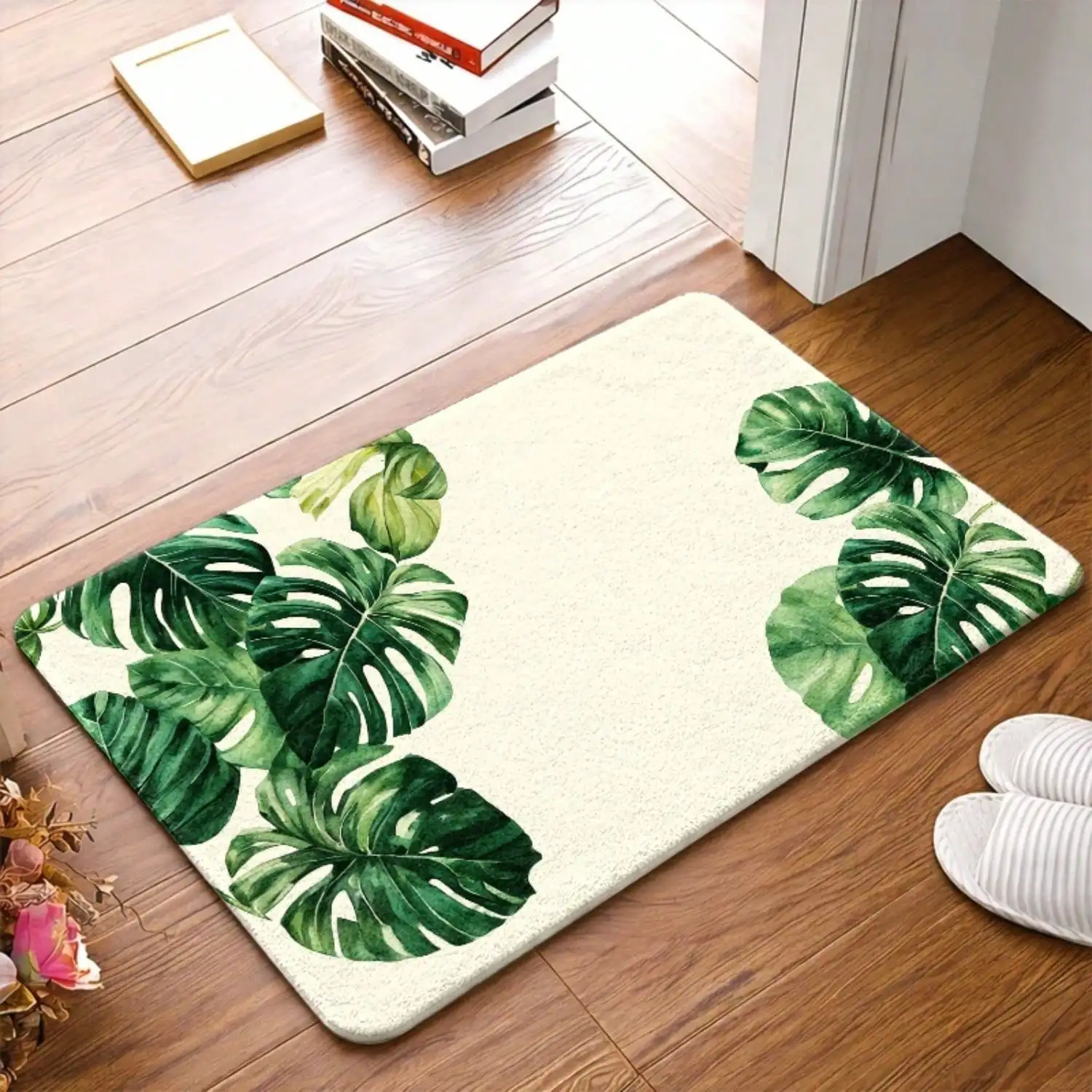 1pc Tropical Monstera Green Plant Flannel Floor Mat | Non-Slip Rubber Bottom, Durable, Machine-Washable, Universal For Living Room, Bedroom, Office, Bathroom