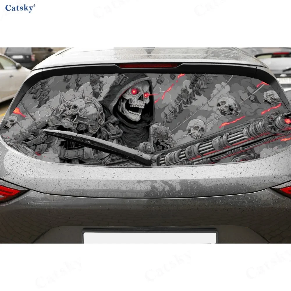 Charming Mechanical Skull in a Sci - Fi Art Scene PVC Perforated Car Vinyl Wraps, Durable Car Rear Windshield Sticker, Waterproo