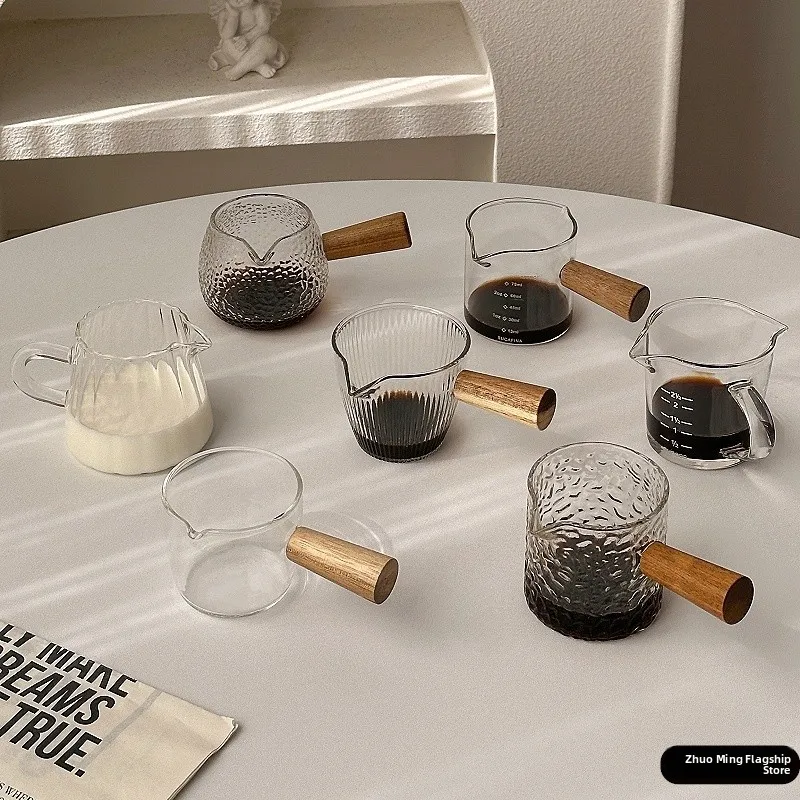 

Glass Coffee Extraction Cup with Handle Milk Jug Cup Wood Handle Sc Italian Espro Extraction ot Glass Serving Utensils