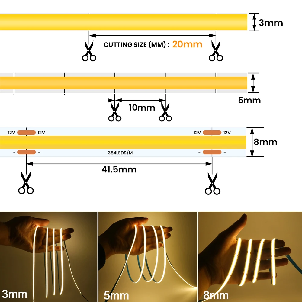 3mm 5mm 8mm PCB 12V 24V COB LED Strip Light 3000K 4000K 6000K 384LEDs High Density Flexible Ribbon Tape Linear Lights Home Decor