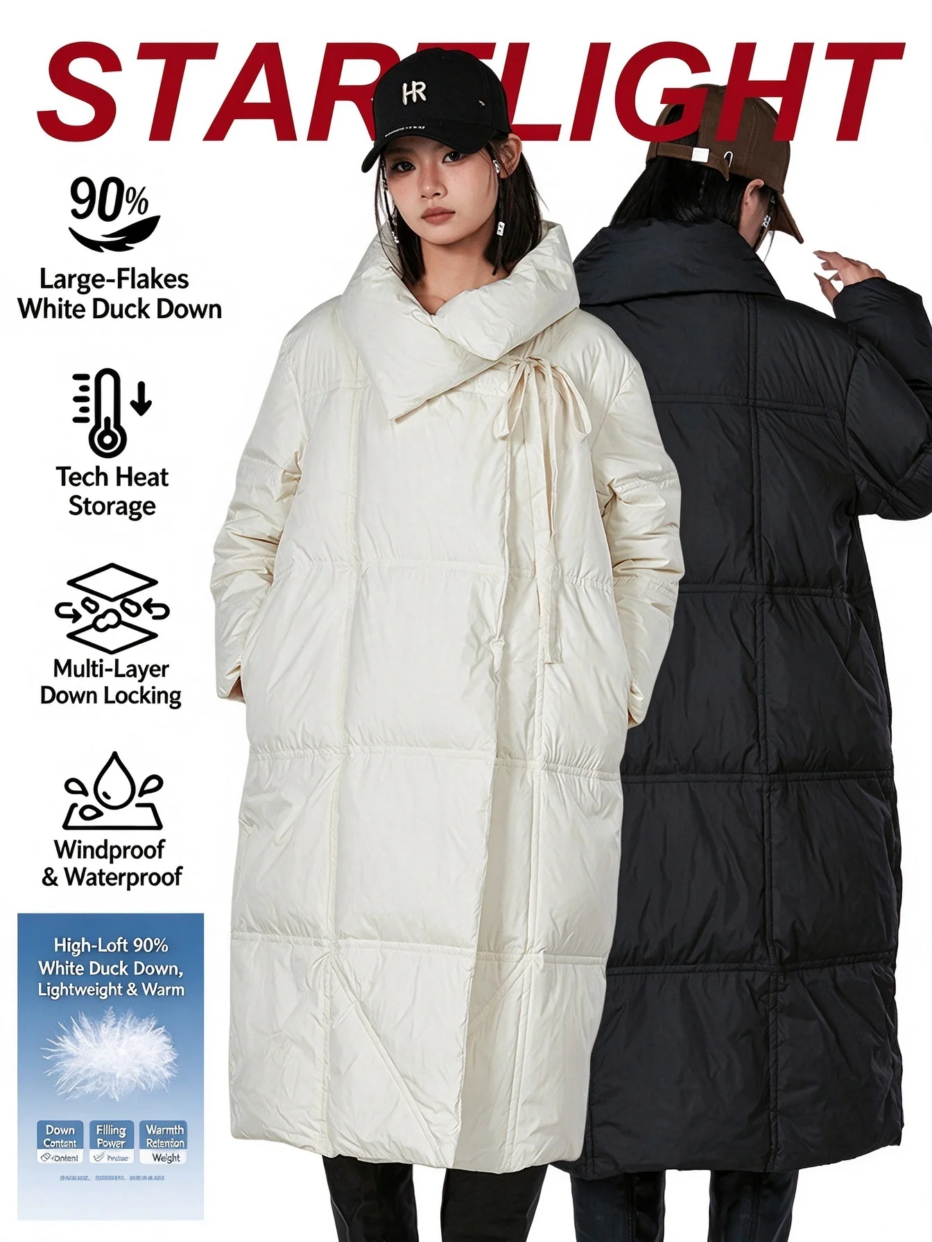Winter new style 90 white down long ladies with knee-length sleeves magnetic closure warmth and loose fit warm and cozy
