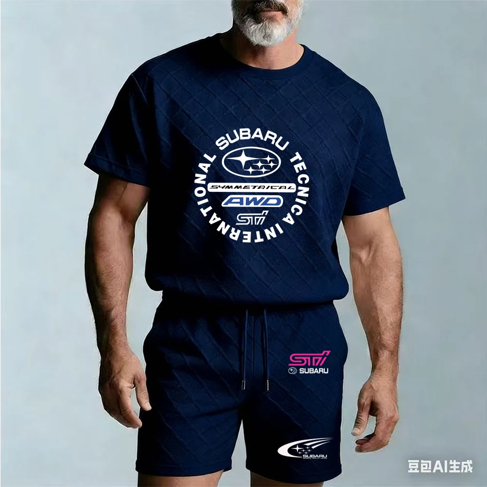 

2026 Summer Round Neck T-shirt Sports Set Men's SUBARU Texture Casual Short Sleeve Shorts Two Piece Set New Cross border Large S