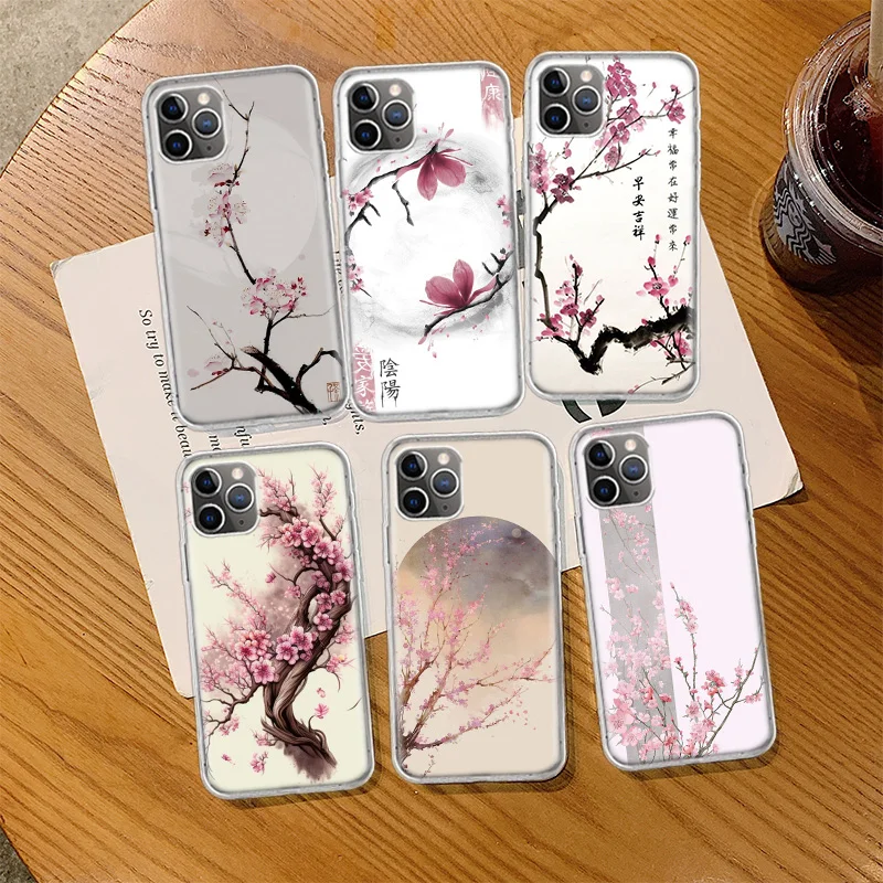 Cherry Blossom Tree Phone Case For Iphone 14 13 15 16 Pro Max Plus Apple 11 12 Mini X XS Max XR Clear Cover Shell Coque Silicone