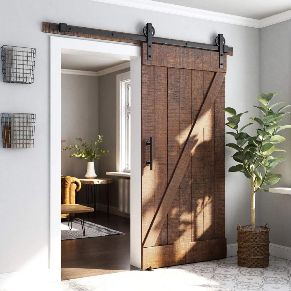 

6.6ft Heavy Duty Sliding Barn Door Hardware Kit, Black, (Whole Set includes 1x Pull Handle Set & 1x Floor Guide)