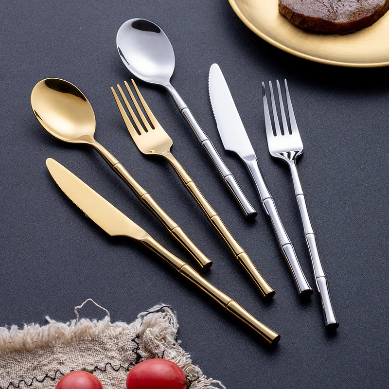 Silm Bamboo Handle 304 Stainless Steel Cutlery Set French Tableware for Knife Spoon Fork Fashion Kitchen Dinner Food Service