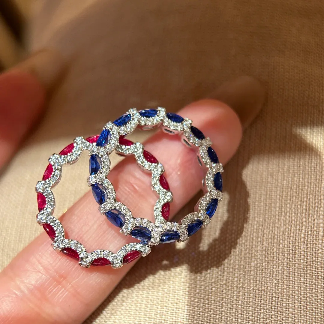 Luxury 925 Sterling Silver Star Trail Pendant Necklace, Fashionable Blue and Red Diamond Rings,Earrings,Colored Gemstone Jewelry