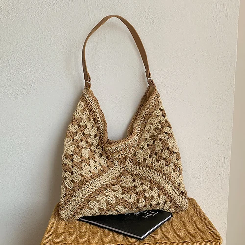 Imagen 2 del producto Bolso de hombro de paja tejido popular para mujer, bolso de tamaño mediano con asa para vacaciones en la playa