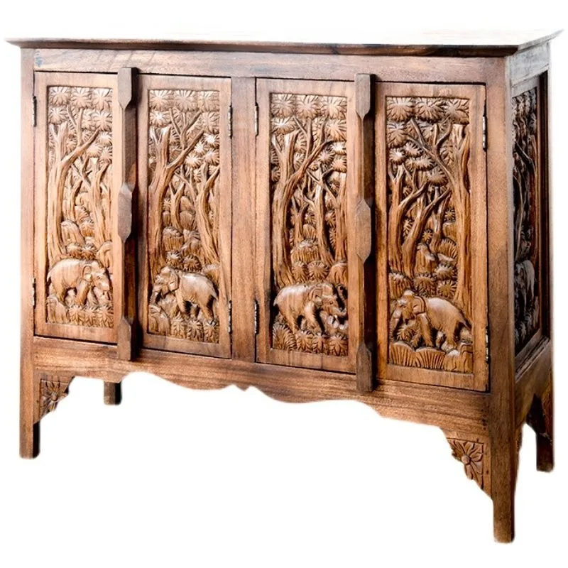 Thai furniture Thai solid wood relief like locker, retro decorative cabinet South East Asia style living room entrance cabinet
