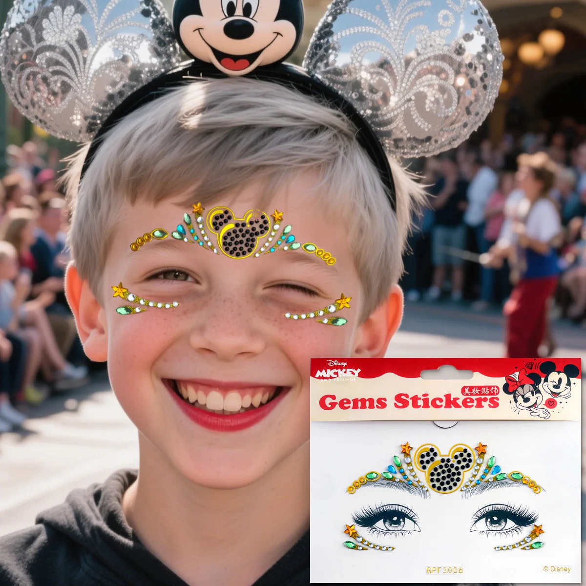 

Детский фестиваль Miniso Disney, платье с Микки, парк развлечений, наклейка с бриллиантами для лица, наклейка с кристаллами для бровей, наклейка для лица