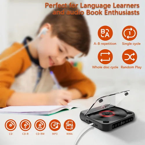 Imagen 2 del producto Reproductor de CD portátil BT, reproductor de música con cubierta a prueba de polvo, 6 modos, temporizador de repetición de A-B, Control remoto, reproducción externa