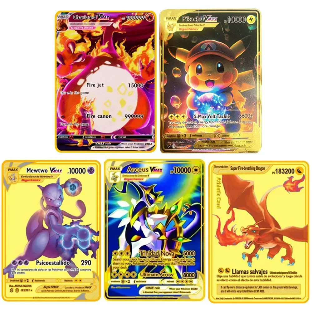 English Pokemon Metal Card Letters VMAX GX Charizard Pikachu Mewtwo cartas Pokemon English Collection Gold Cards Kids Toy Gifts