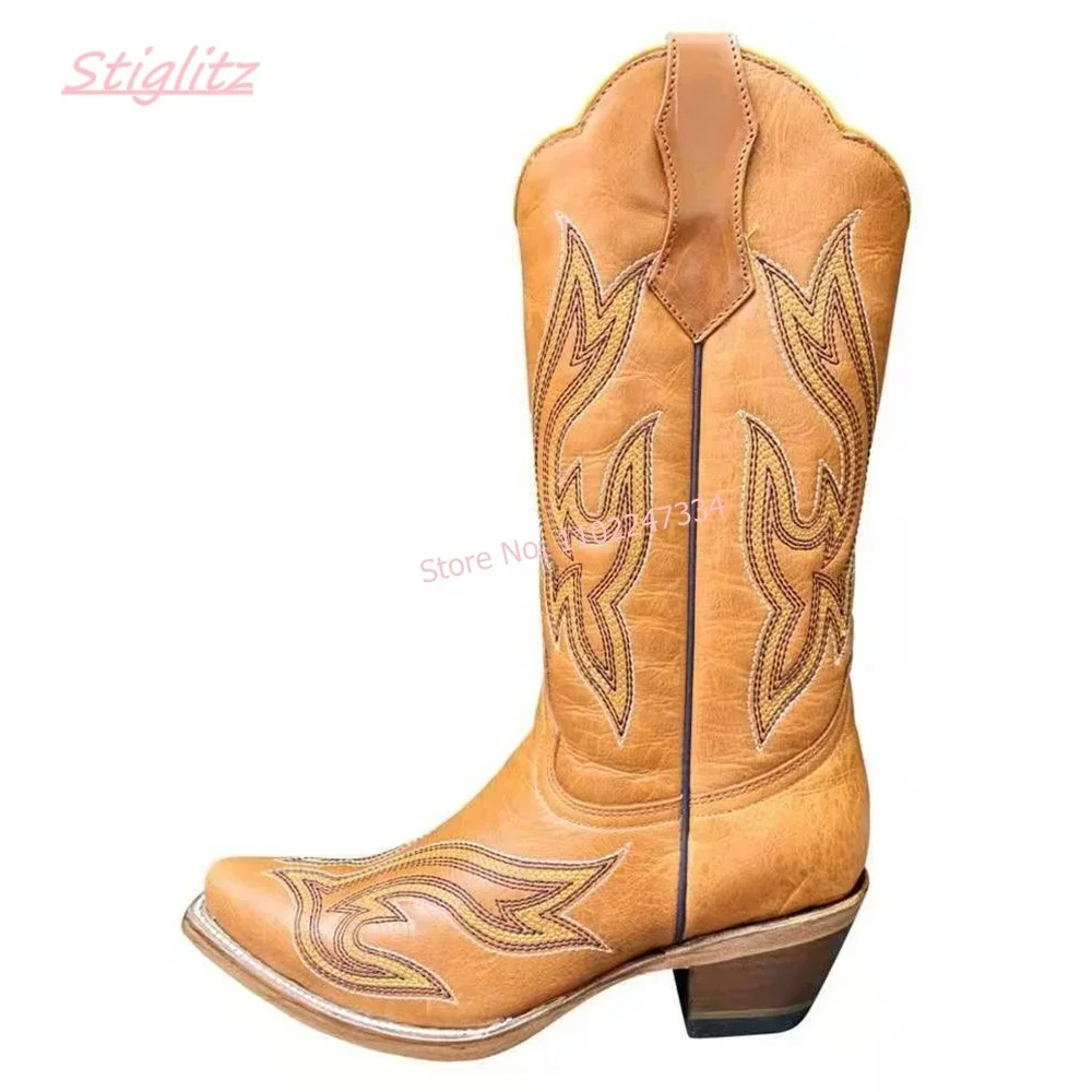 Pink Embroidered Cowboy Boots Solid Round Toe Footwear Flack Suede Mid-calf Boots 2025 Autumn Women\'s Low Chunky Heel Shoes