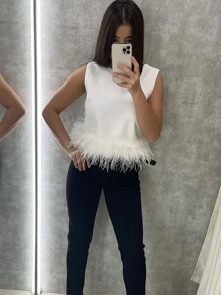 Fashion White Spliced Feathers Hem Cropped Vest Women Elegant O Neck Sleeveless Slim Tank Tops 2024 New Female High Streetwear