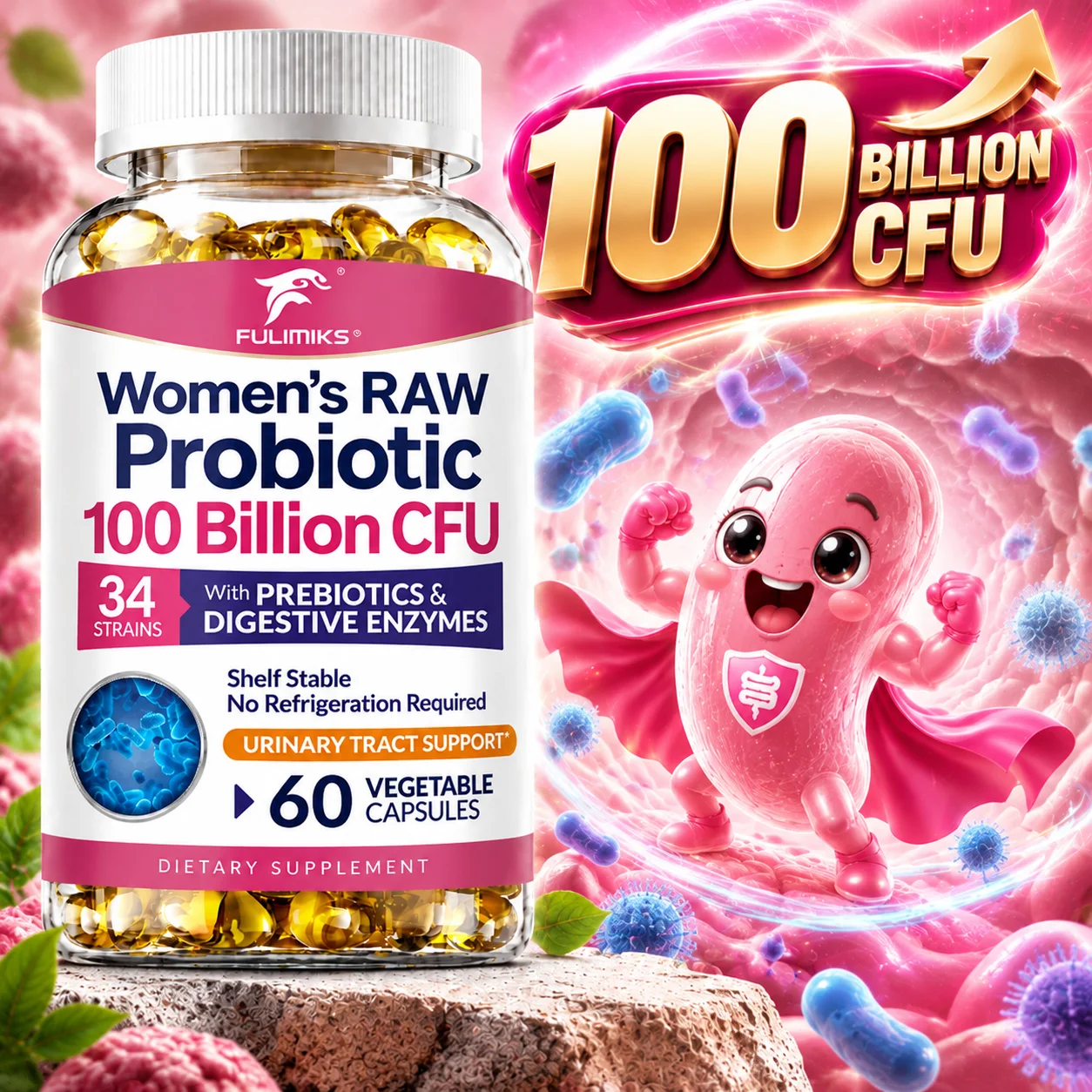 FULIMIKS Women's Raw Probiotic Capsules, with Digestive Enzymes, Support Feminine Intimate & Urinary, Gut, Digestive Health
