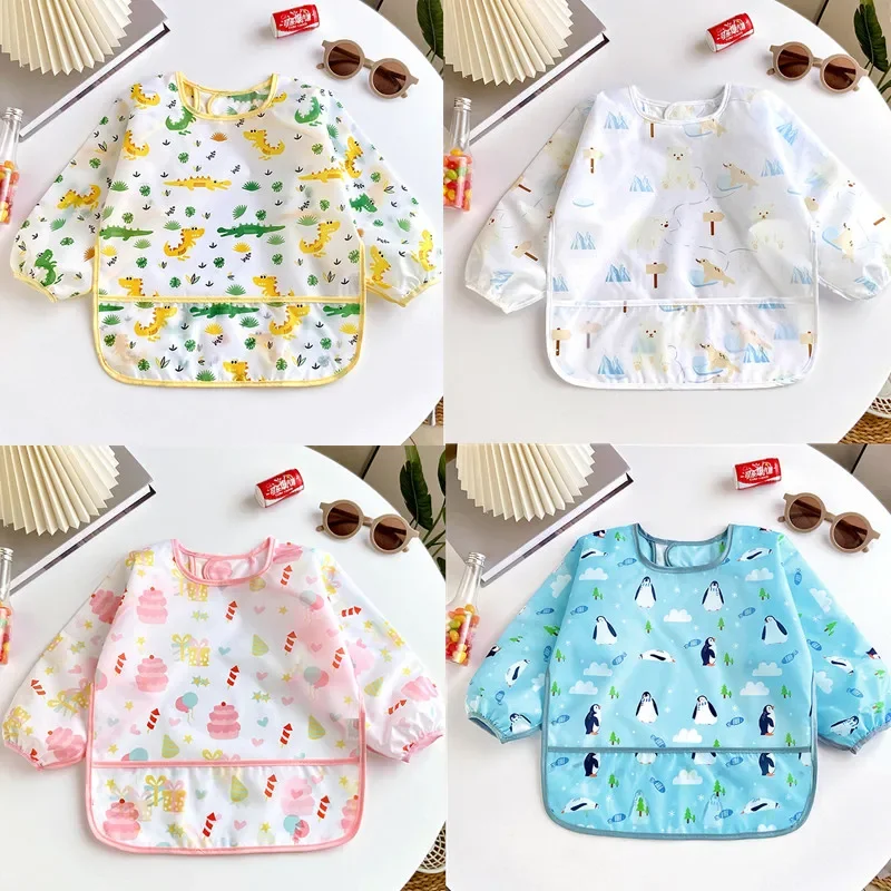 Waterproof Long Sleeve Baby Bib Cute Cartoon Self Feeding Apron for Infant Toddler Eating Drawing Painting 0-3 Years Colorful