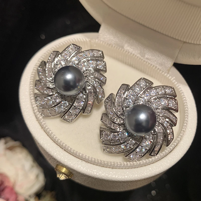 Elegant Swirl Flower Stud Earrings Grey Pearl Accent Earrings Paved Crystal Statement Earrings for Women Bridal Wedding