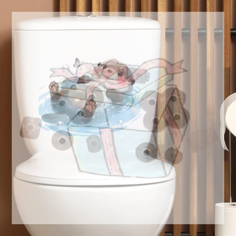【CC】Cute Otter Toilet Tank Sticker Ocean Wave Vinyl Decal Adhesive Wall Art For Bathroom Home Decor Accessories