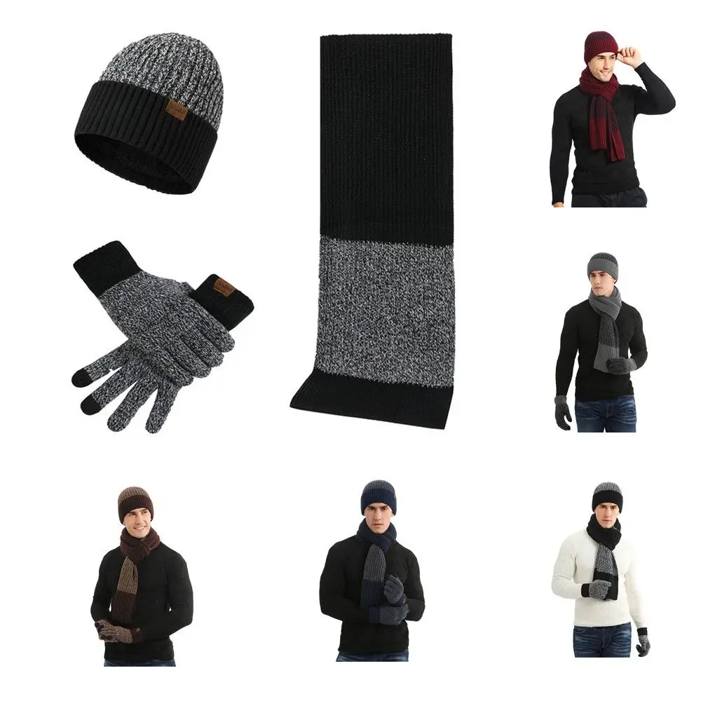 

Мужские модные перчатки с сенсорным экраном, теплый вязаный теплый костюм, толстая шерстяная шапка, зимняя теплая шапка, шапка, шарф, перчатки, комплект