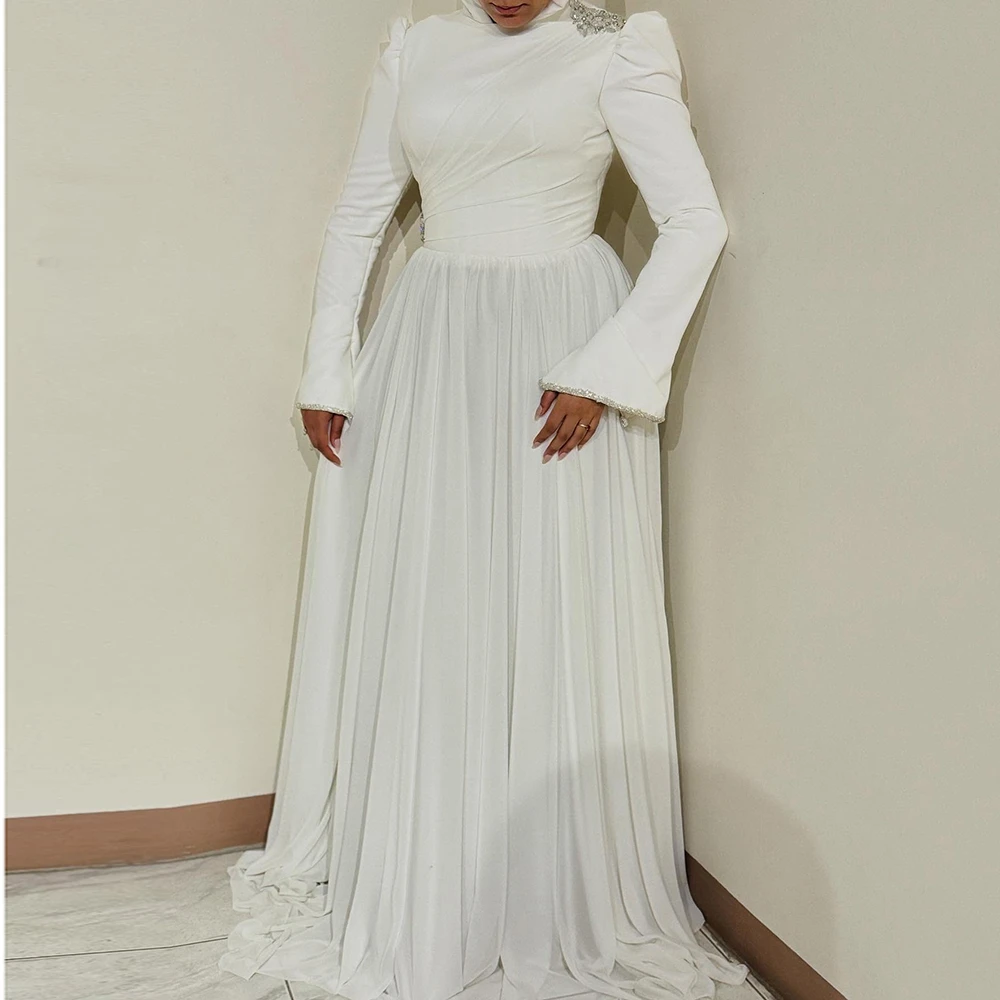 

Вечерние платья трапециевидной формы по индивидуальному заказу длиной до пола, с круглым вырезом и длинными рукавами, платье для выпускного вечера, модное простое драпированное повседневное вечернее платье с кристаллами