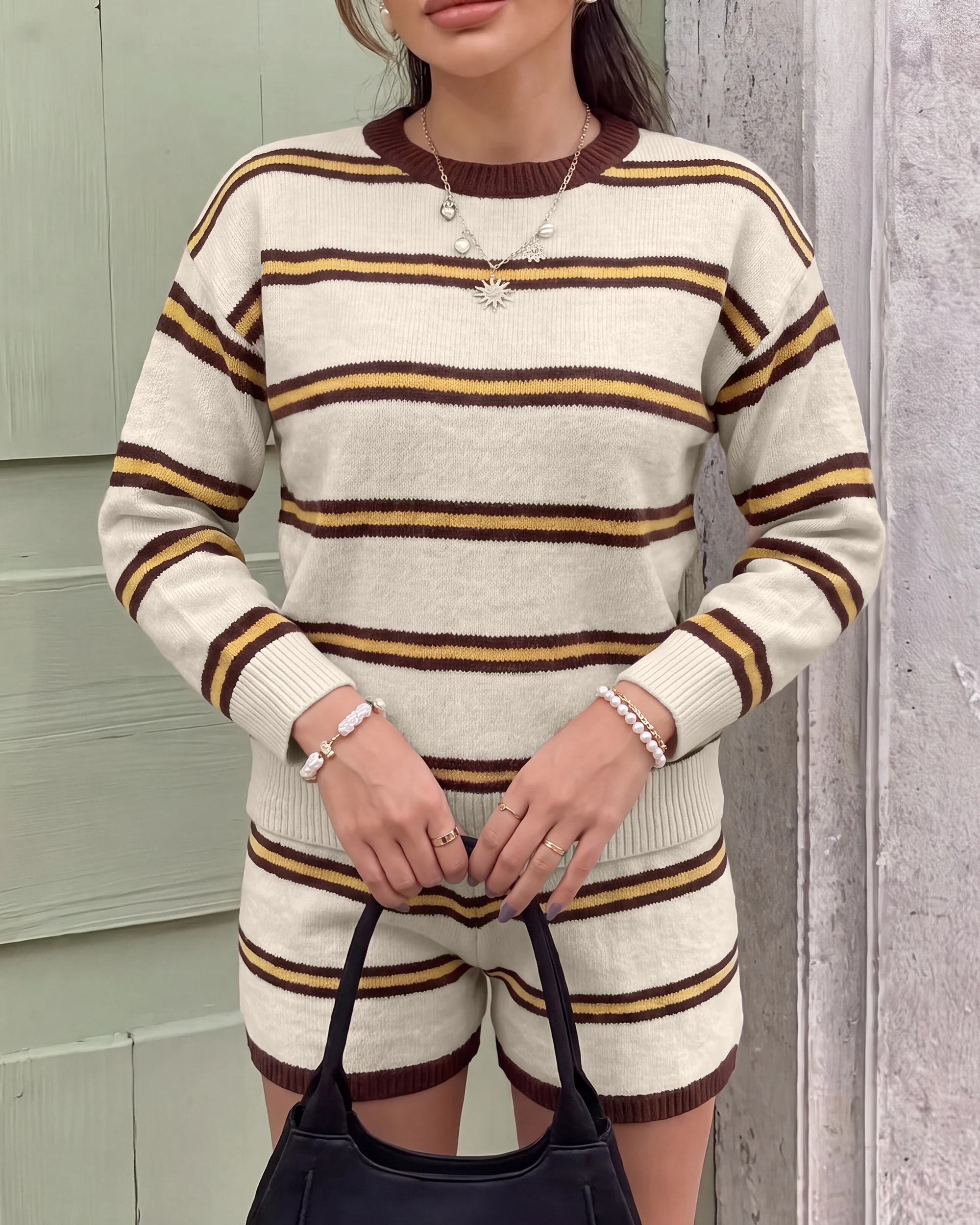 Women's Casual Striped Knit Sweater Shorts Set Long Sleeve Crew Neck Loungewear view 4