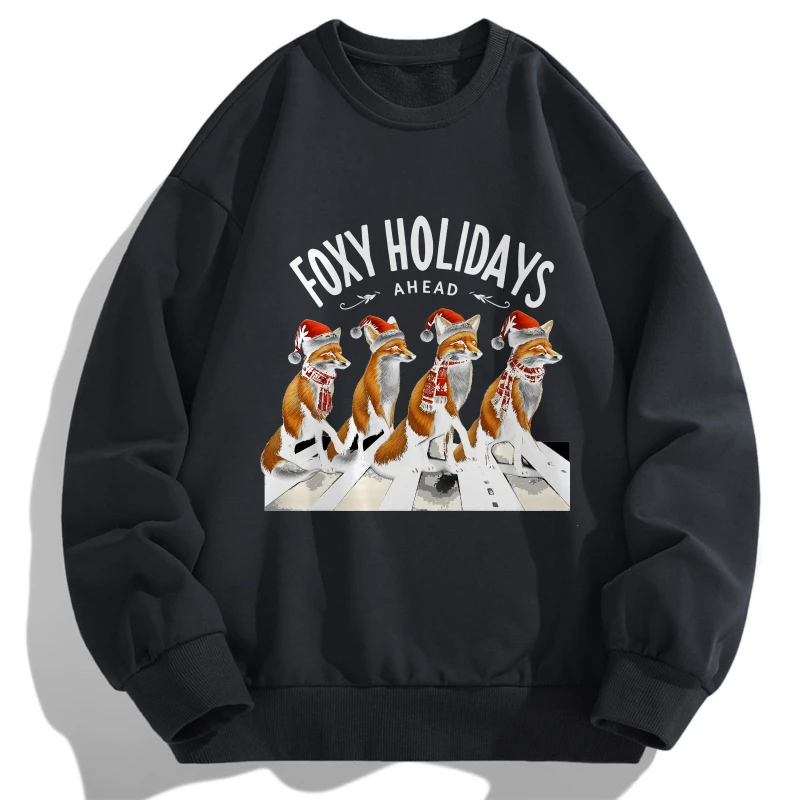 

2025 Four foxes celebrating Christma graffiti print Casual O Neck Long Sleeve T Shirt For Spring Autumn Christmas Theme Fabric