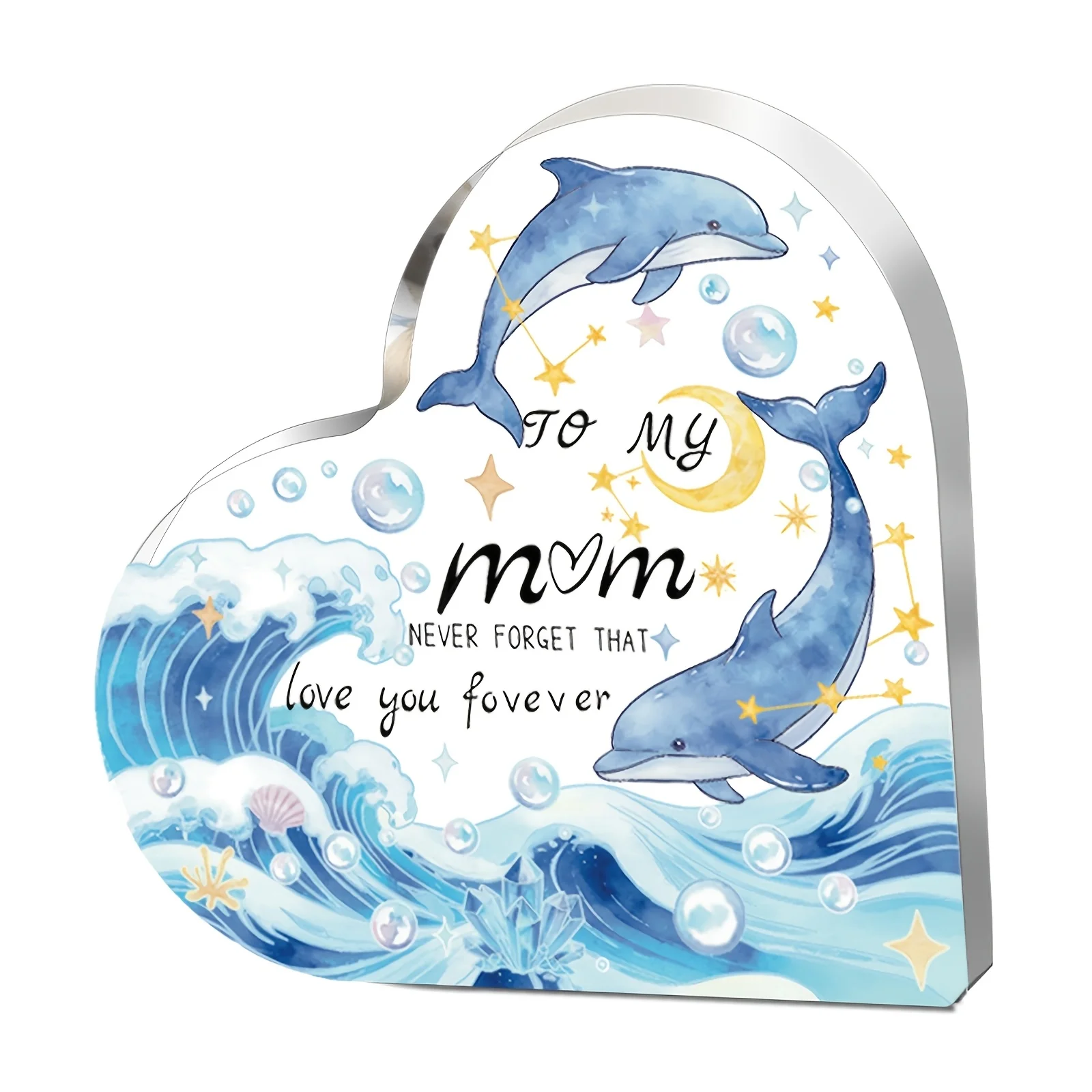 2D Flat, Bohemian Dolphin-Themed Acrylic Heart-Shaped Mother's Day Gift - Nautical Ocean Tabletop Decor Suitable for Mom