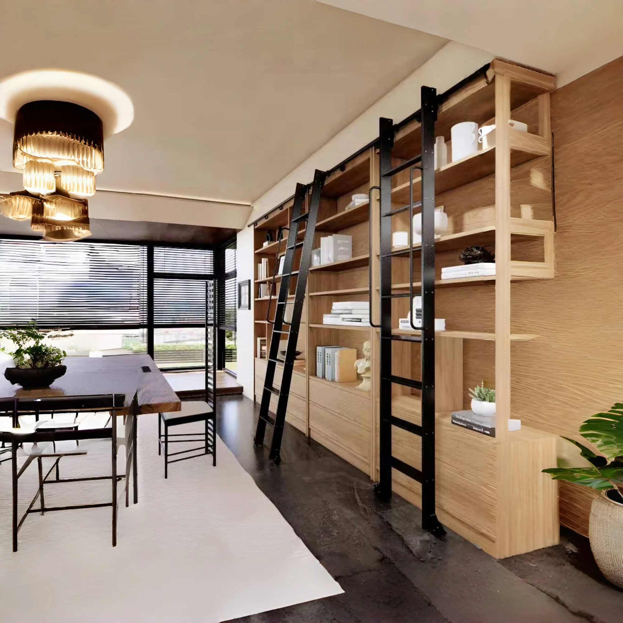 Folding Attic Metal Ladder Sliding  with Removable Hook Hardware Kit, Cabinet Pulley Ladder with Handrails