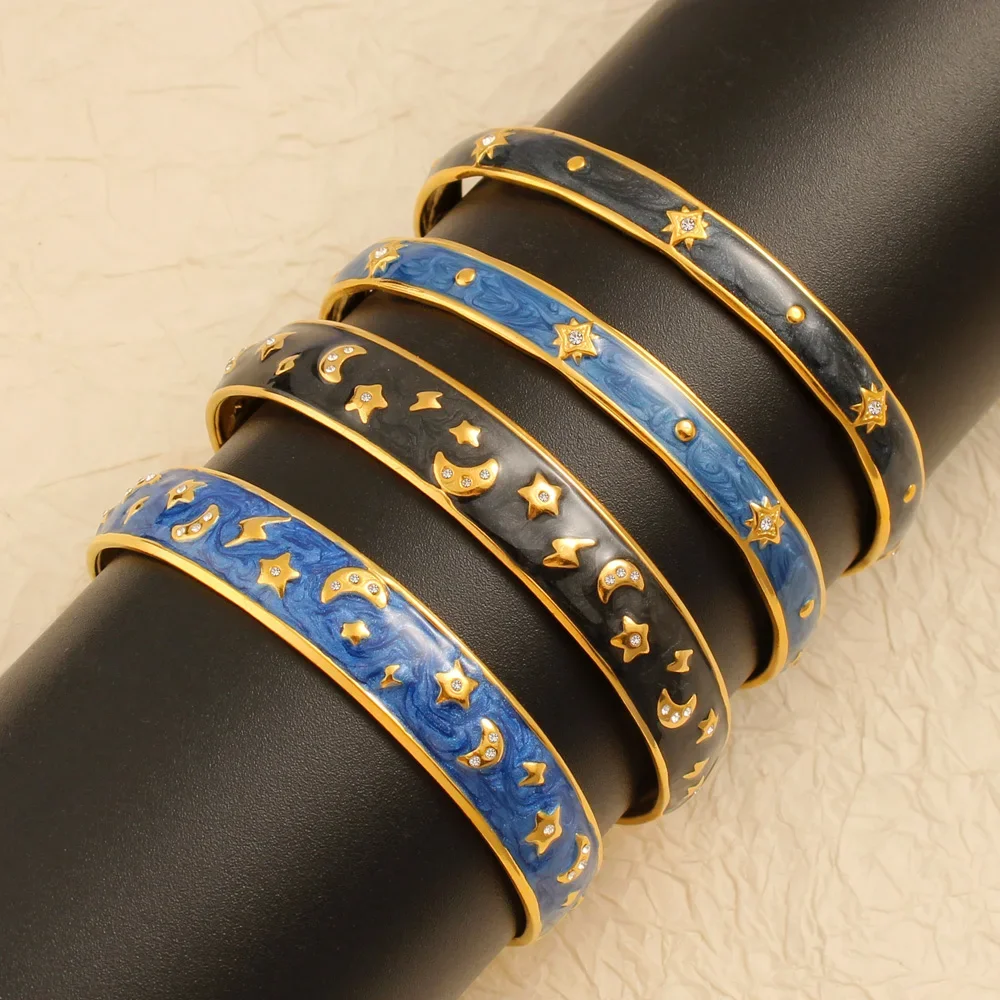 

Trendy Dripping Oil Black Blue Stainless Steel Cuff Bangle Women's 18K Gold Color Moon Star Pattern Bracelet Waterproof