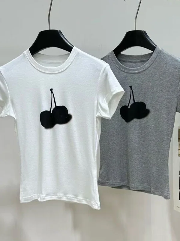 Elegant Cherry Print Short Sleeve T-Shirt Women's Slim Fit round Neck Elastic Lyocell Cotton Summer New Style Moisture Wicking