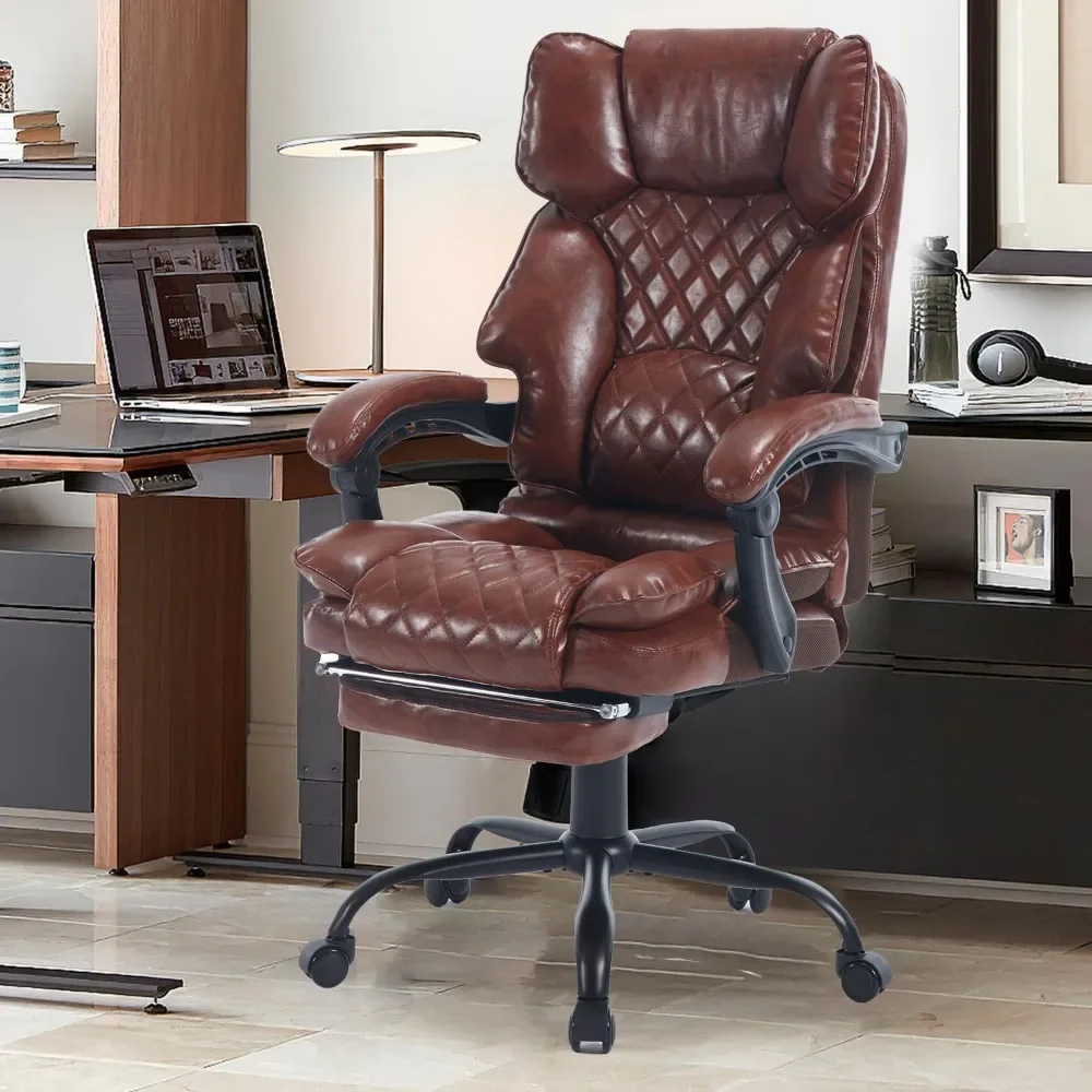

Brown Reclining Office Chair with Footrest, Ergonomic Executive Office Desk Chairs with Lumbar Support, High Back Vintage Faux