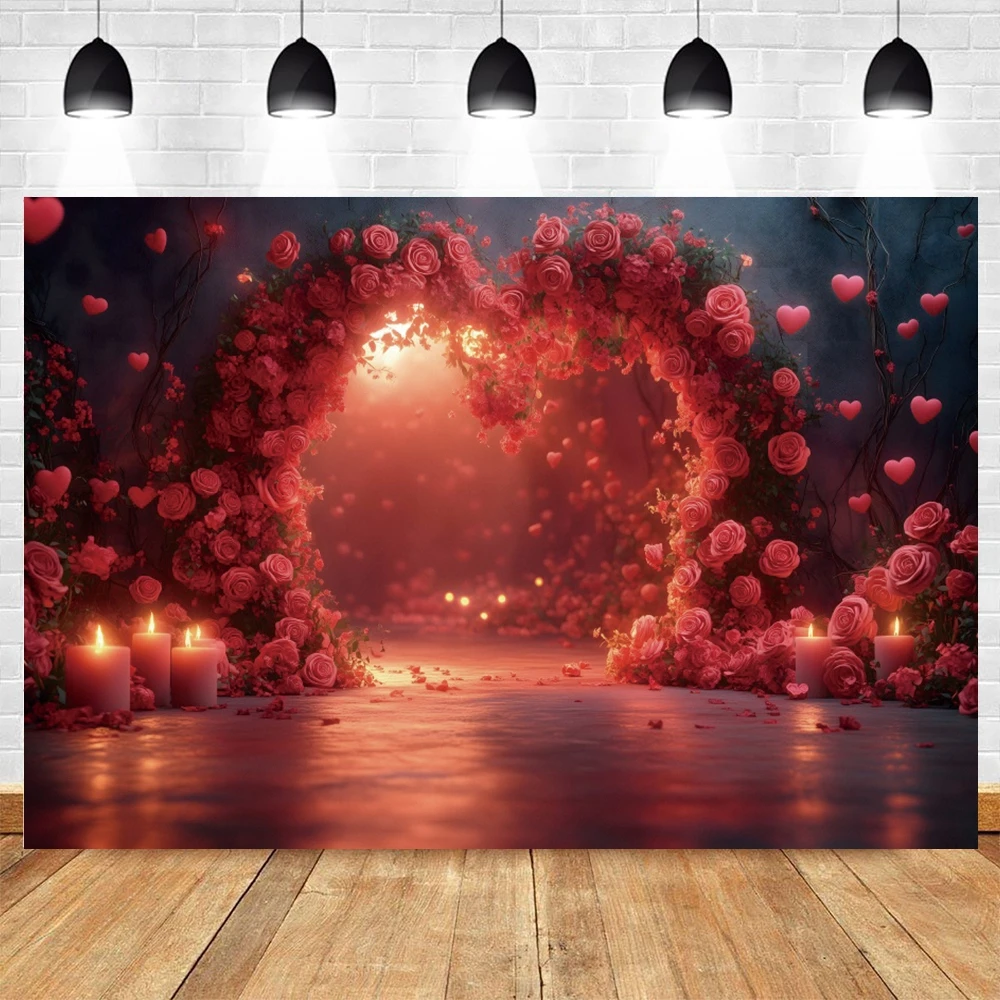 Sfondo con fiori di rosa rossa, cuore d'amore, proposta di San Valentino, scena interna della stanza, matrimonio, sposa, ritratto, sfondo fotografico