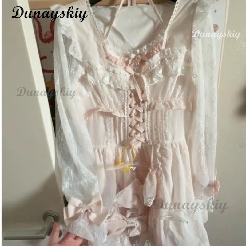 Jirai Kei  Japanese Sweet Cute Lolita Short-sleeve Dress Women Girls New Summer Slimming Height-enhancing Ruffle Trim Bow Dress view 2