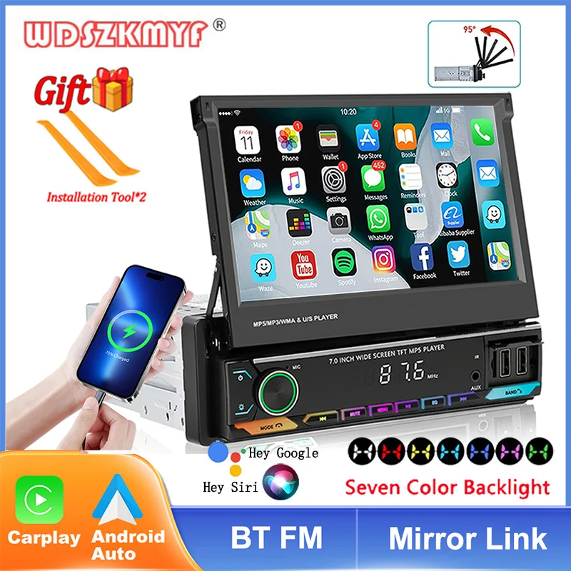 

7" IPS Retractable Screen Car Radio Universal Android Auto Carplay BT FM 1Din Multimedia Video Player Autoradio Receivers Cam