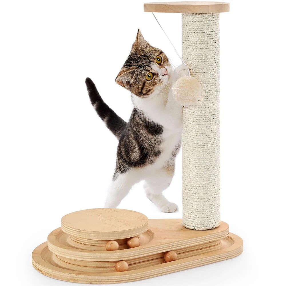 

Solid Pine Wood 2-Level Cat Toy Scratching Tree Modern Style Natural Sustainable Packed in Carton
