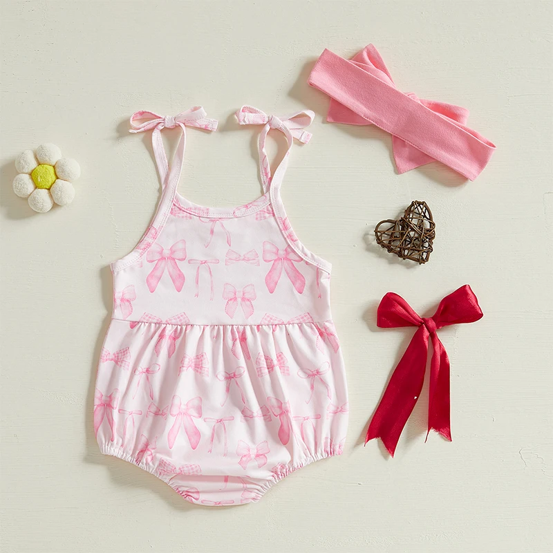 0-24M Baby Girl Bow Print Romper Tie Shoulder Round Neck Sleeveless Bodysuit with Solid Color Headband 2 Pcs Set