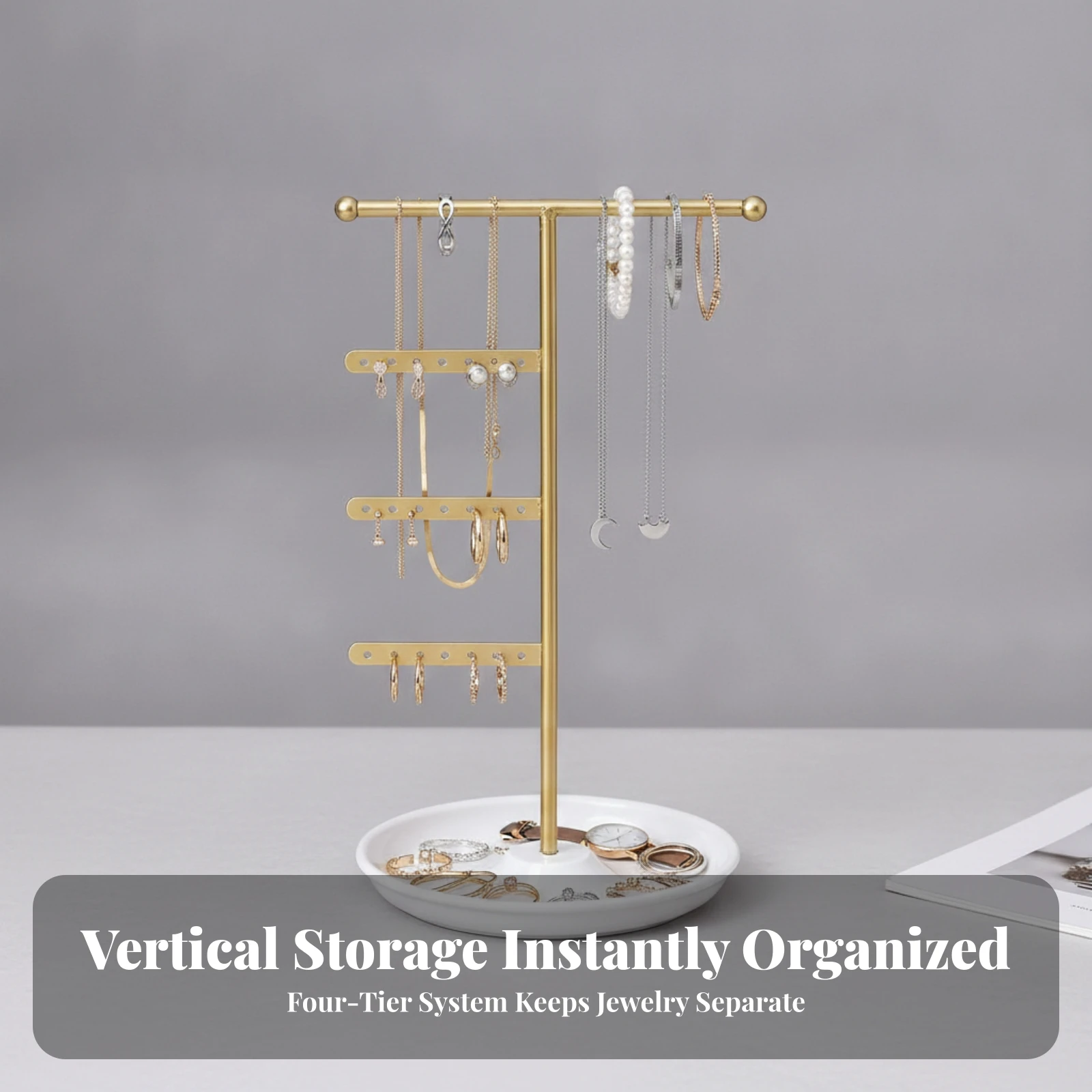 Jewelry Stand with Tray Minimalist Earring Tree with Base Necklace, Bracelet, Earring, and Band Holder Elegant for Vanity