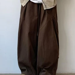 Spring Autumn New Elastic Waist Fashion Wide Leg Trousers Man Vintage Solid Color Pockets Button Patchwork Comfortable Trousers