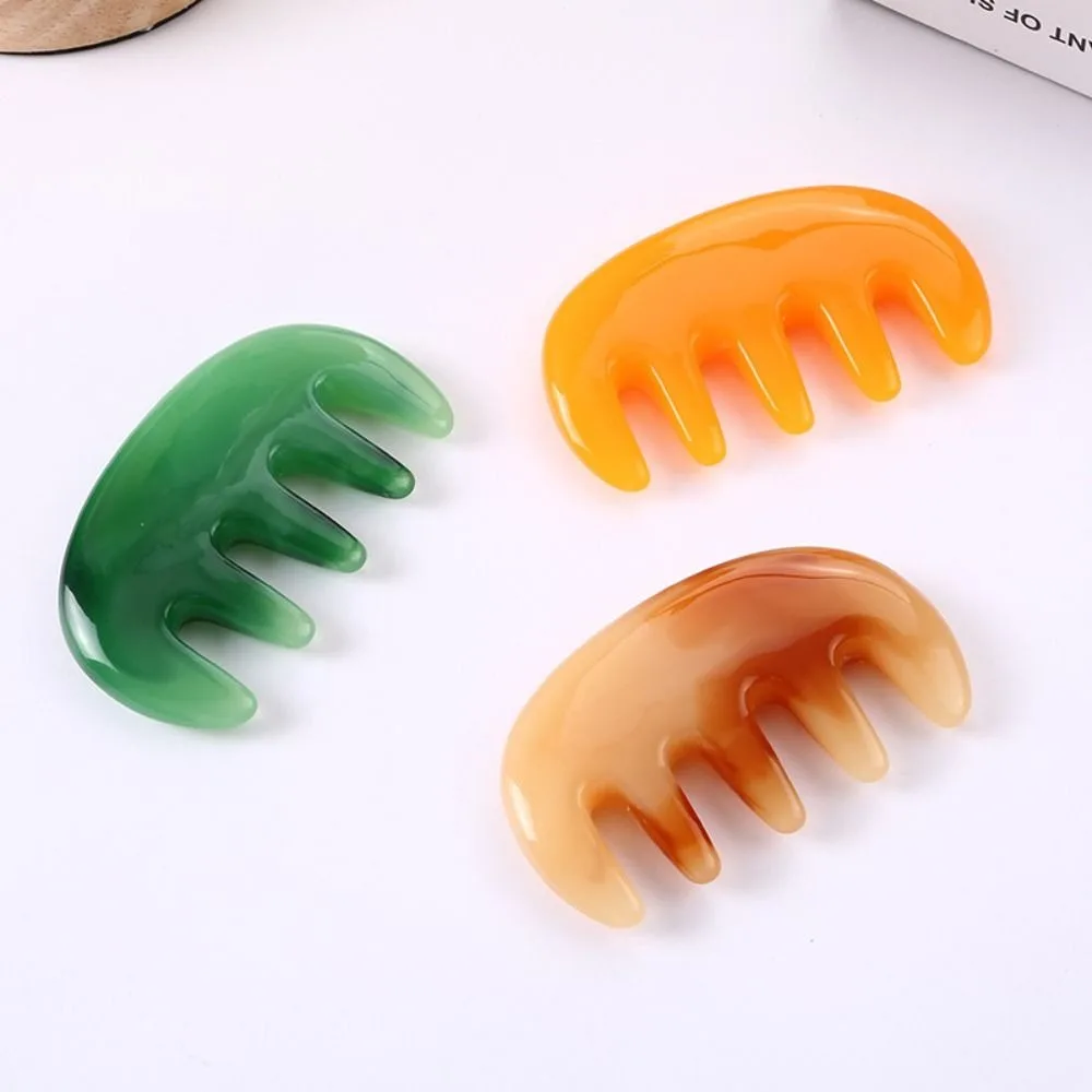 Portable Five Teeth Head Massage Comb Antistatic Resin Head Scraping Comb Yellow Green Gua Sha Comb Facial Detoxification Tool