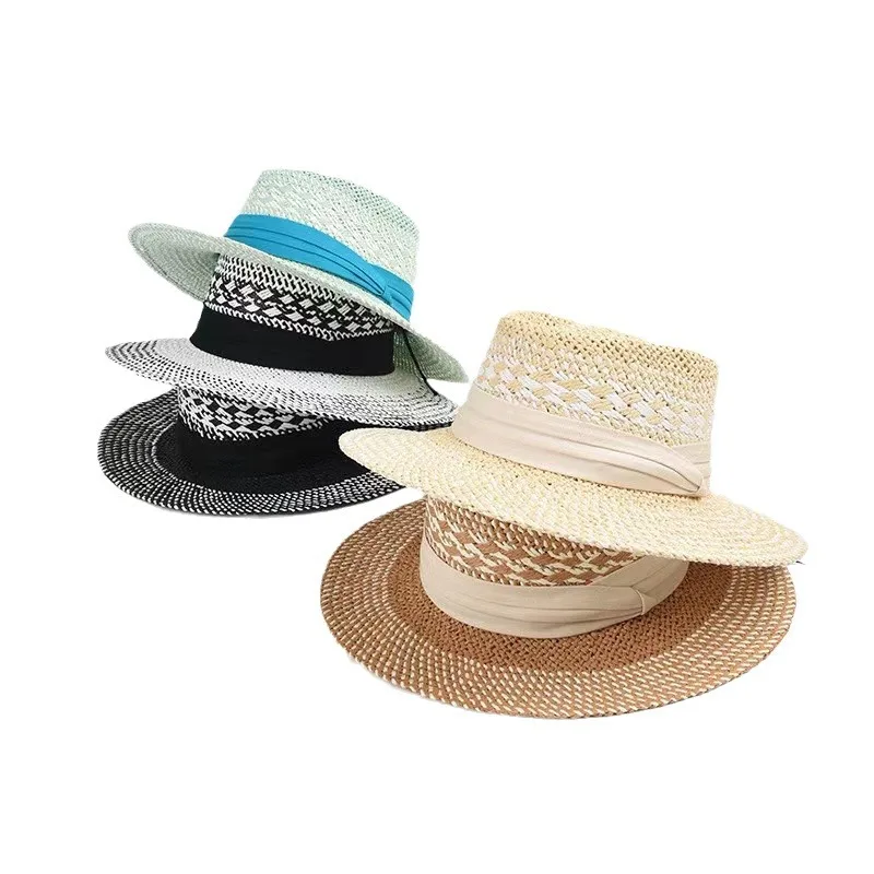Women's Summer Vintage Color Block Ring Indented Hollow Straw Beach Sun Fedora Hat