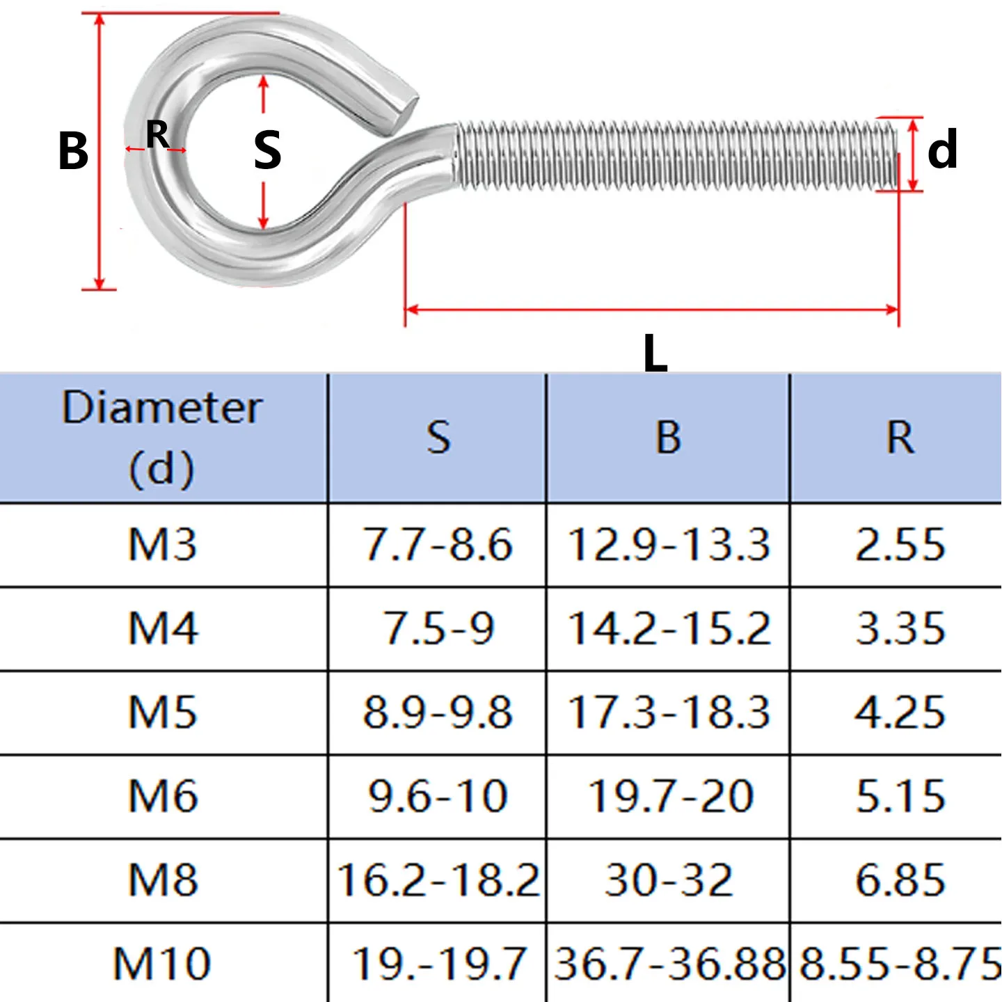 A2-70 Stainless Steel Eye Bolt Threaded Ring Screw M3 M4 M5 M6 M8 M10 Lifting Eye Bolt for Hardware Rigging