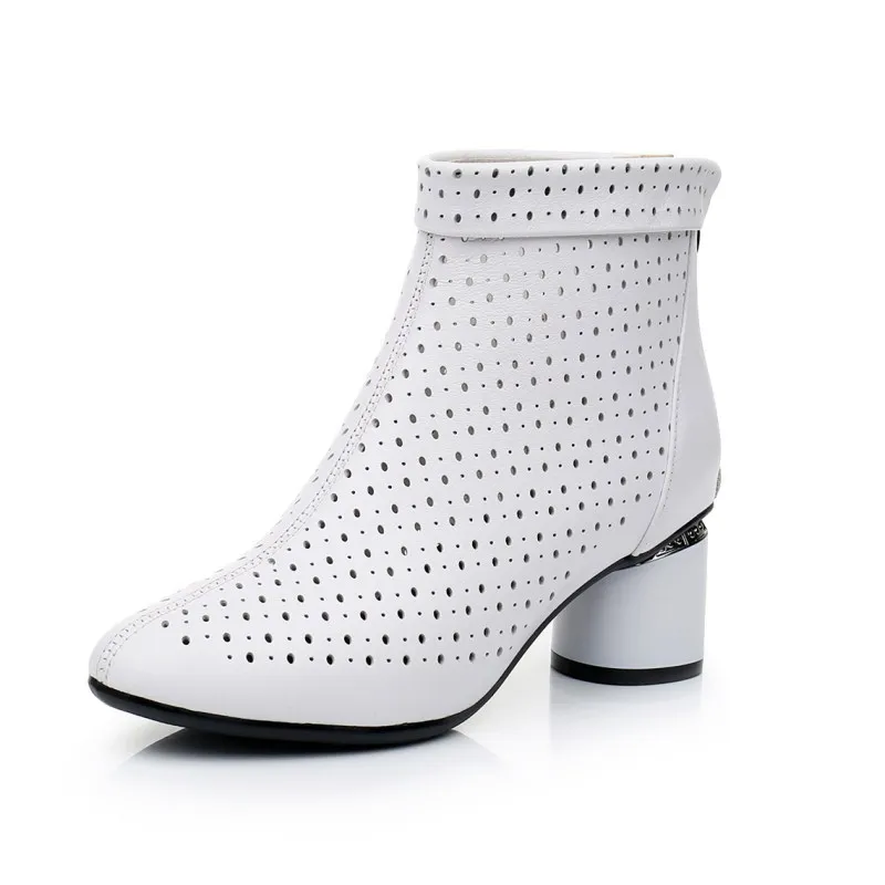 GKTINOO Ankle Boots Zipper Footwear Hollow Out Fashion Ladies High Heels Round Toes Genuine Leather Summer Shoes