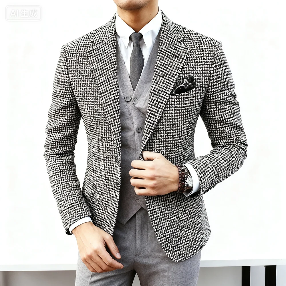 

Мужской пиджак с узором «гусиные лапки» в итальянском стиле, повседневное уникальное свадебное пальто с лацканами и гравировкой