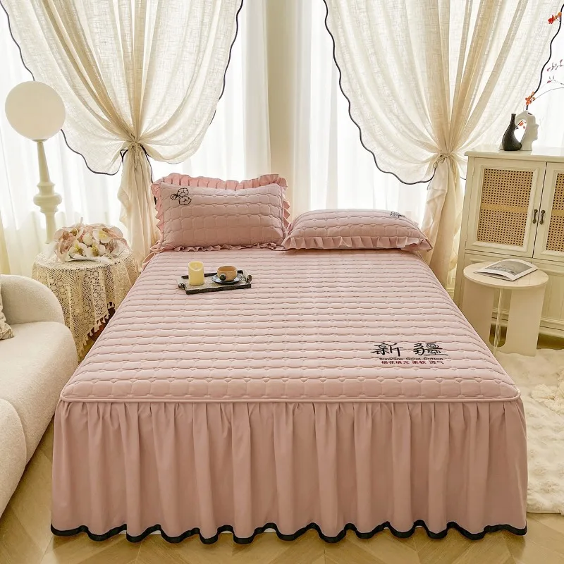 Raw cotton washed cotton padded thickened bed skirt household lace bed skirt soft bed cover three-piece set