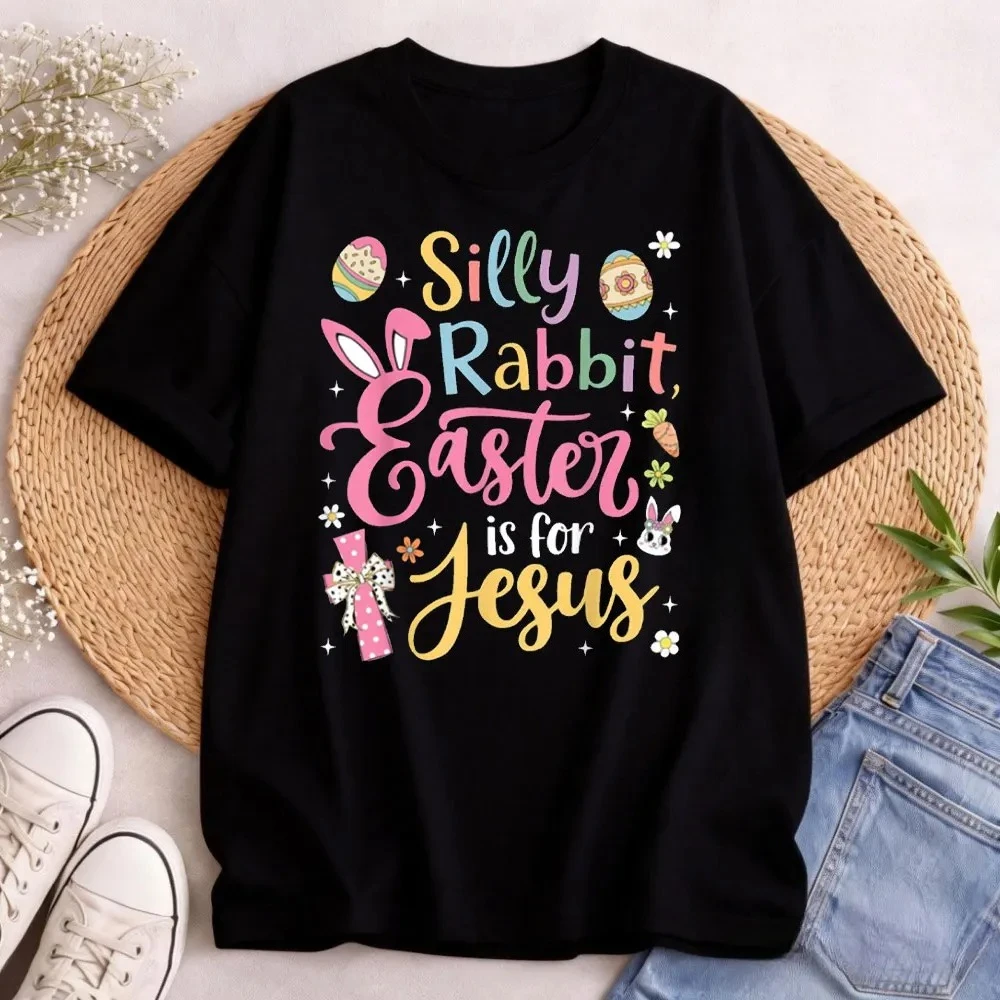 Silly Rabbit Easter Is for Jesus T-Shirt Easter Bunny Eggs Graphic Tee Casual Vintage Short Sleeve Top for Women Holiday Gift