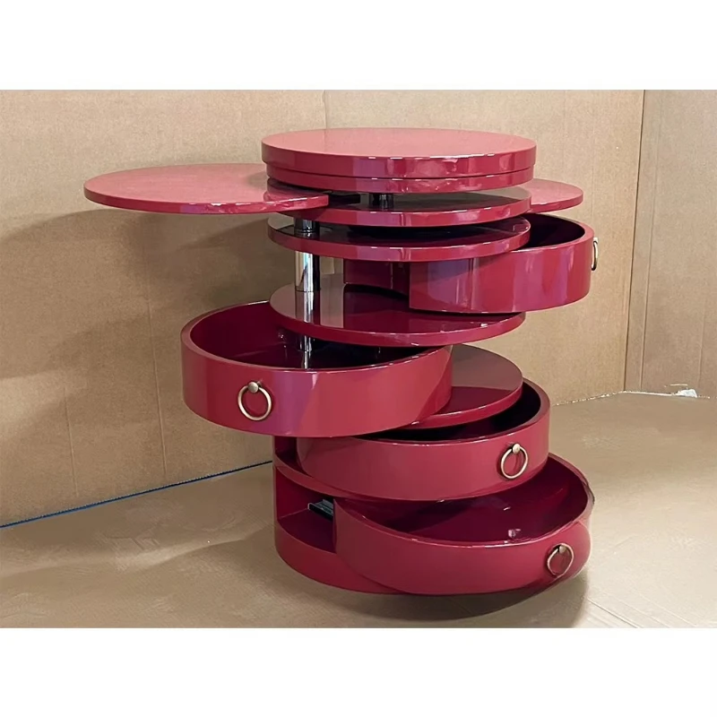Red multi-layer rotatable drawer creative round locker flat home decoration bedside cabinet