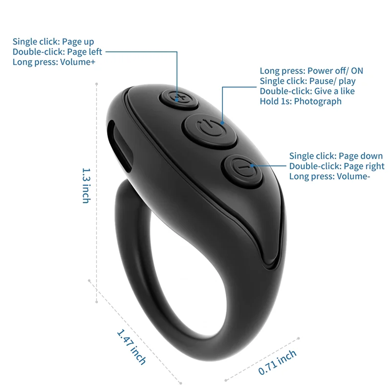 Bluetooth Remote Control Page , Cell Phone Camera Shutter Selfie Remote, Smart Ring Remote for -Black