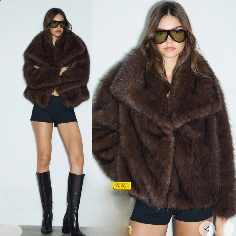 

Note 2025 Winter Women's Faion Large Collar Versatile Color k Buttoned Faux Fur Jaet Top Casual Loose Fit Long S...