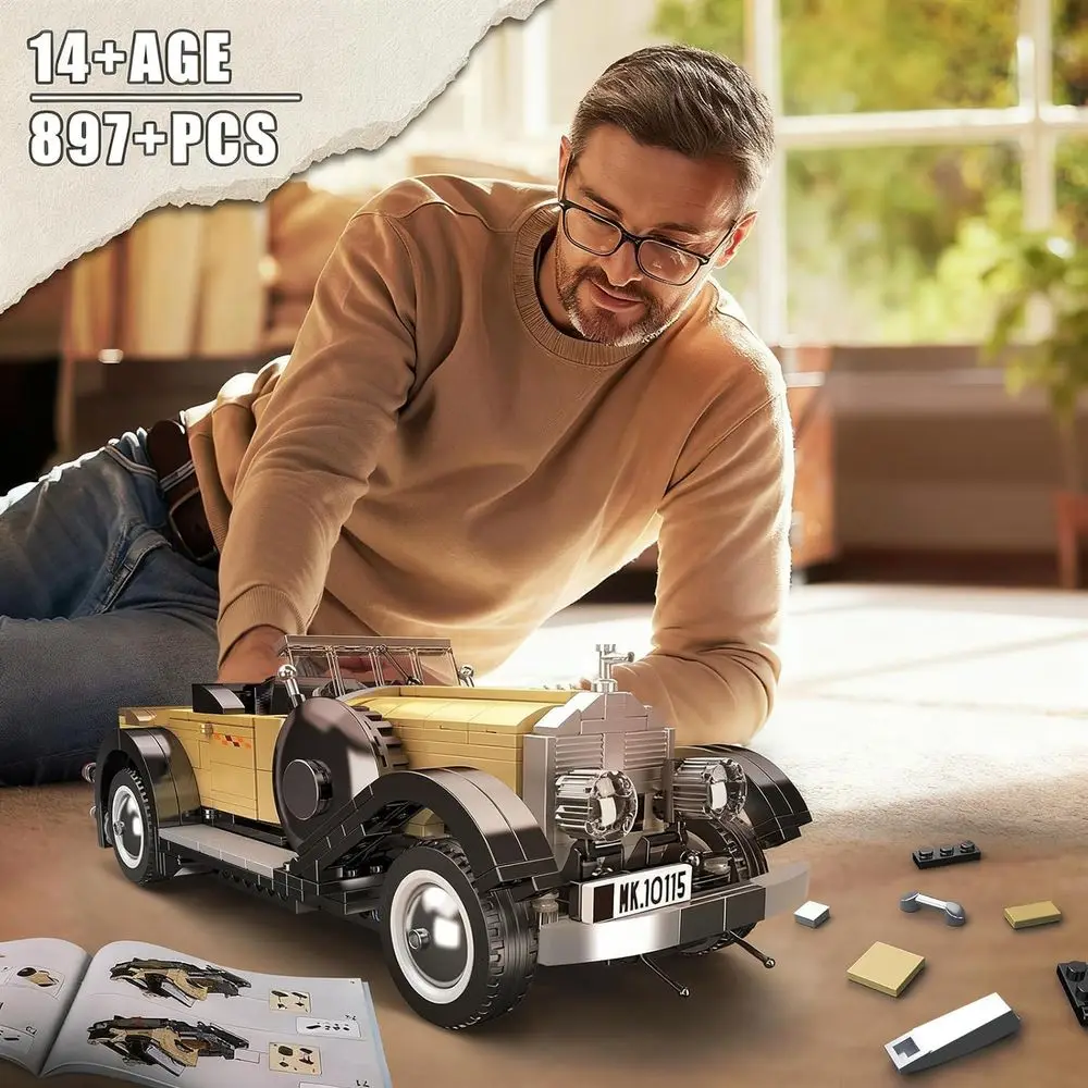 Kit de construção de carros clássicos para adultos: conjunto de modelo MOC vintage com mais de 897 peças, versão estática, adequado para maiores de 14 anos