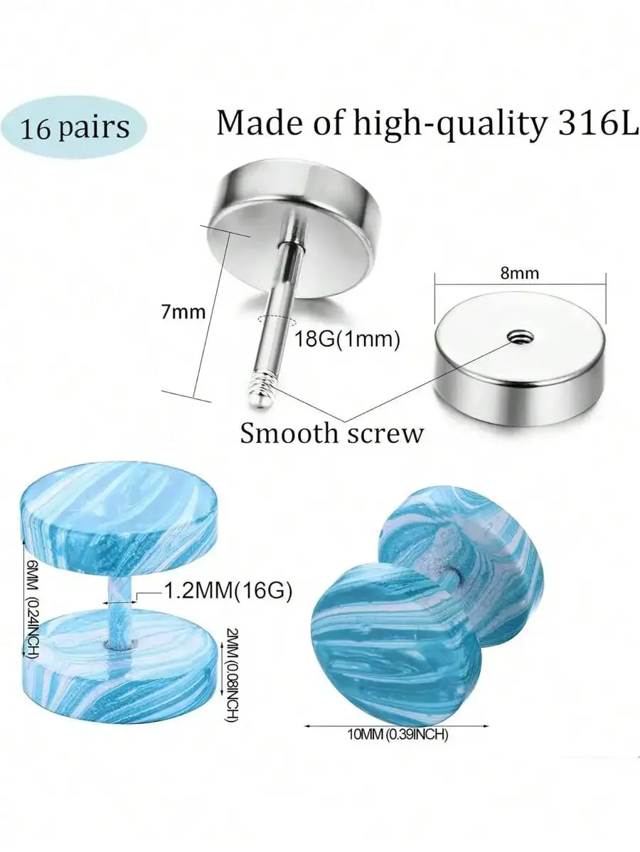 

16 Pairs Stainless Steel Stud Earrings Faux Gauge Ear Plug For Adults