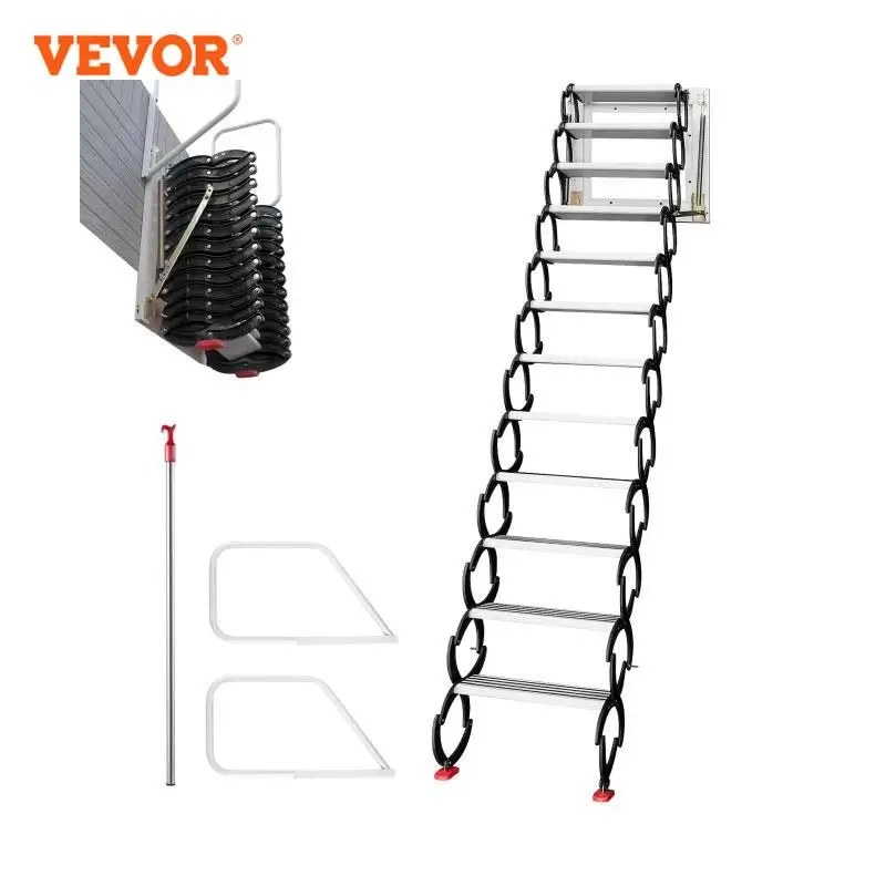 VEVOR 12 - Steps Retractable Folding Loft Wall Ladder Attic Steps Pull Down Stairs Black Red Blue for Garages Warehouses Shops